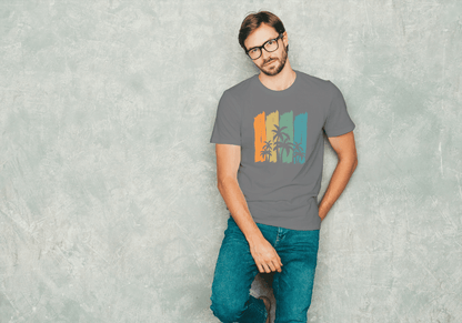 Tropical Palm Tree Stripes: Abstract Sunset Beach Tee - Essentia Attire